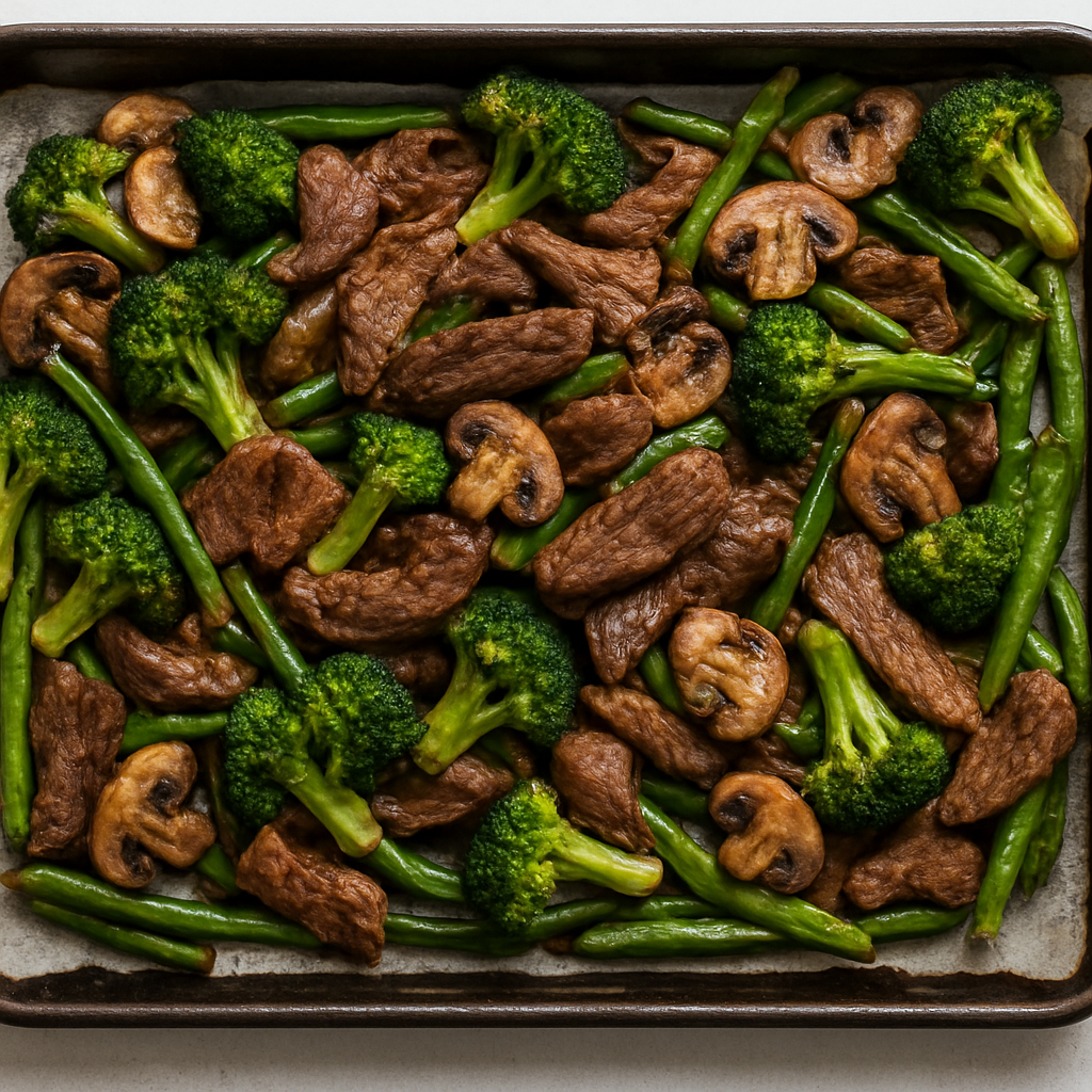 sheet pan beef and broccoli with mushrooms and green beans