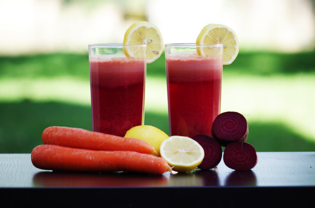 Fruit smoothies, beetroot, lemon and carrots