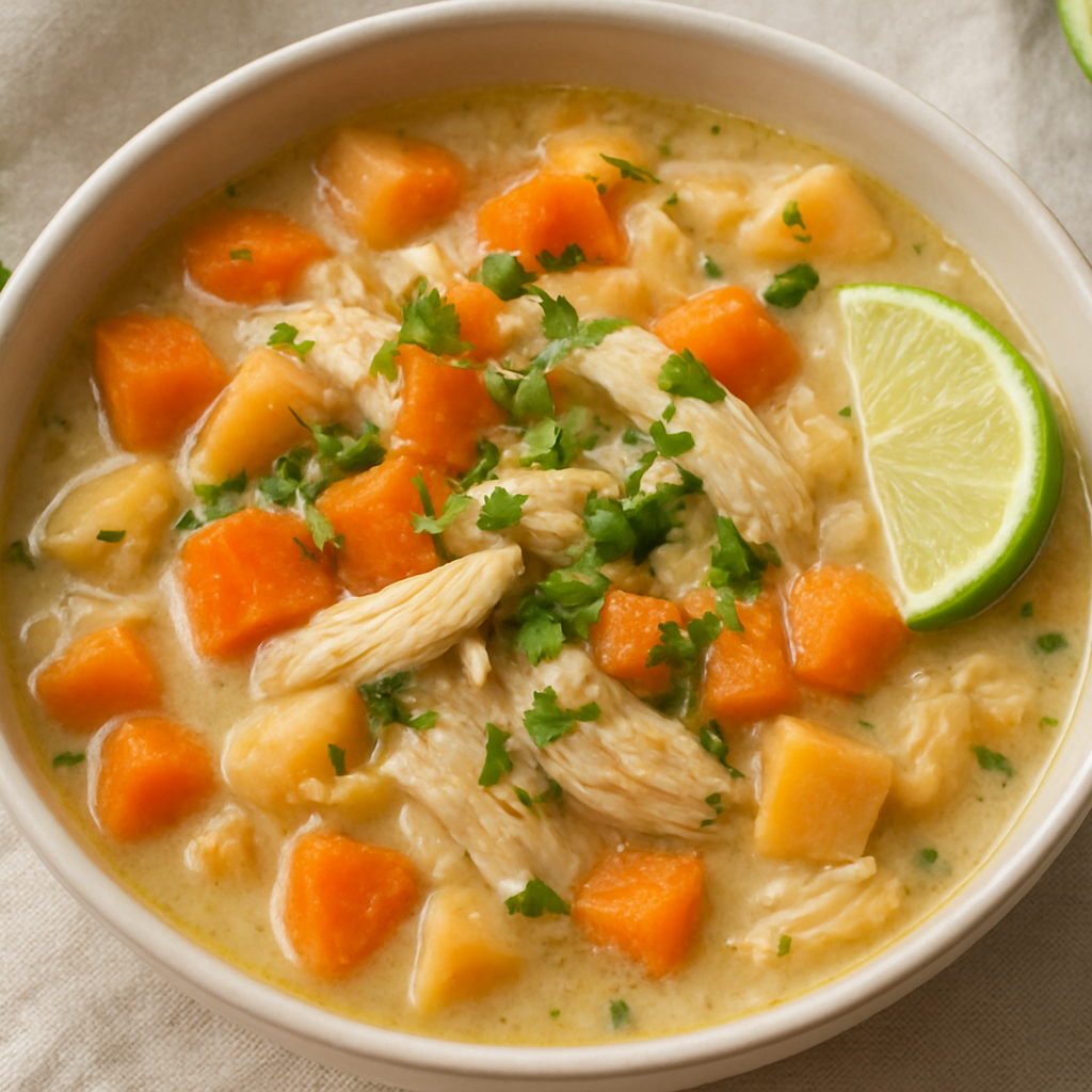 white chicken chili with carrots and white sweet potatoes